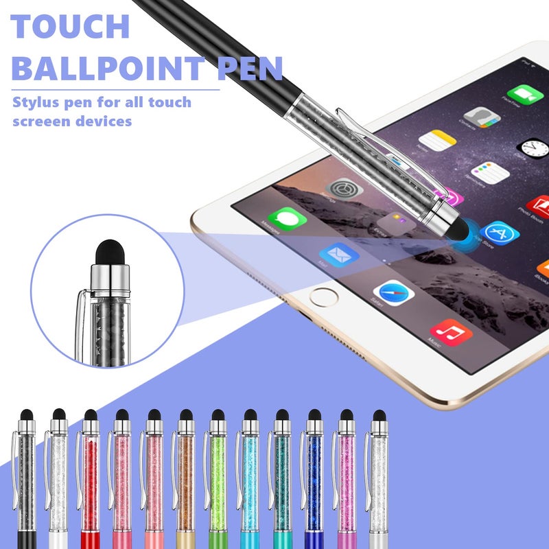 MengRan Cute Pens with Stylus Tip, 2 in 1 Black Ink Ballpoint Pens and Slim Crystal Stylus Pens for Touch Screens(12 colors) - Image 3
